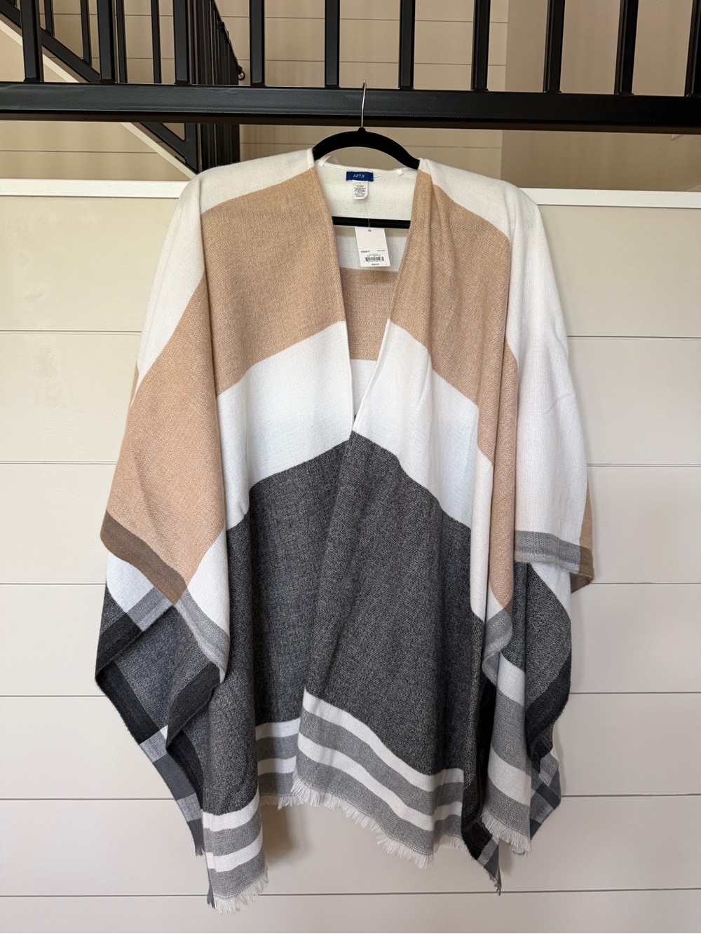 Apt. 9 Colorblock Open Front Poncho - White, Tan & Gray